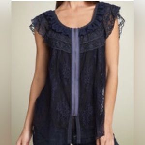LN Free People Navy Flutter Fly Away Sleeve Lace Zip Front Top Shirt Vest L